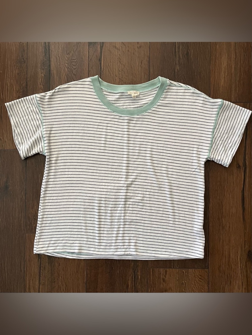 Hem & Thread White Tee with Black Stripes and Mint Collar